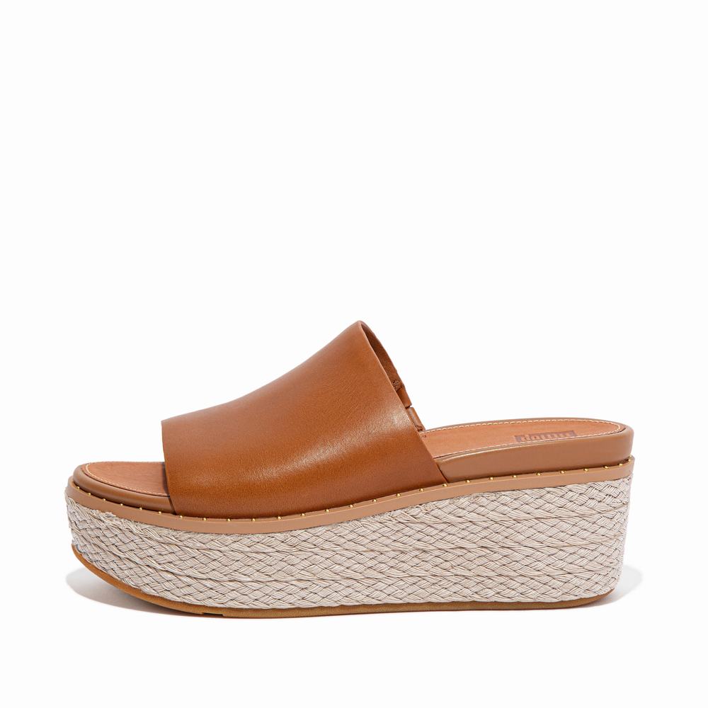 Sandales Fitflop ELOISE Espadrille Leather Wedge Slides Femme Marron Clair | GCL-325976