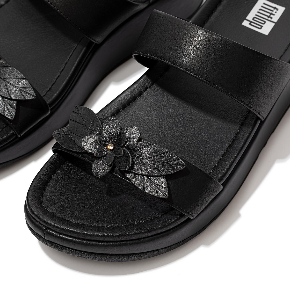 Sandales Fitflop FINO Floral Leather Slides Femme Noir | SBN-589042