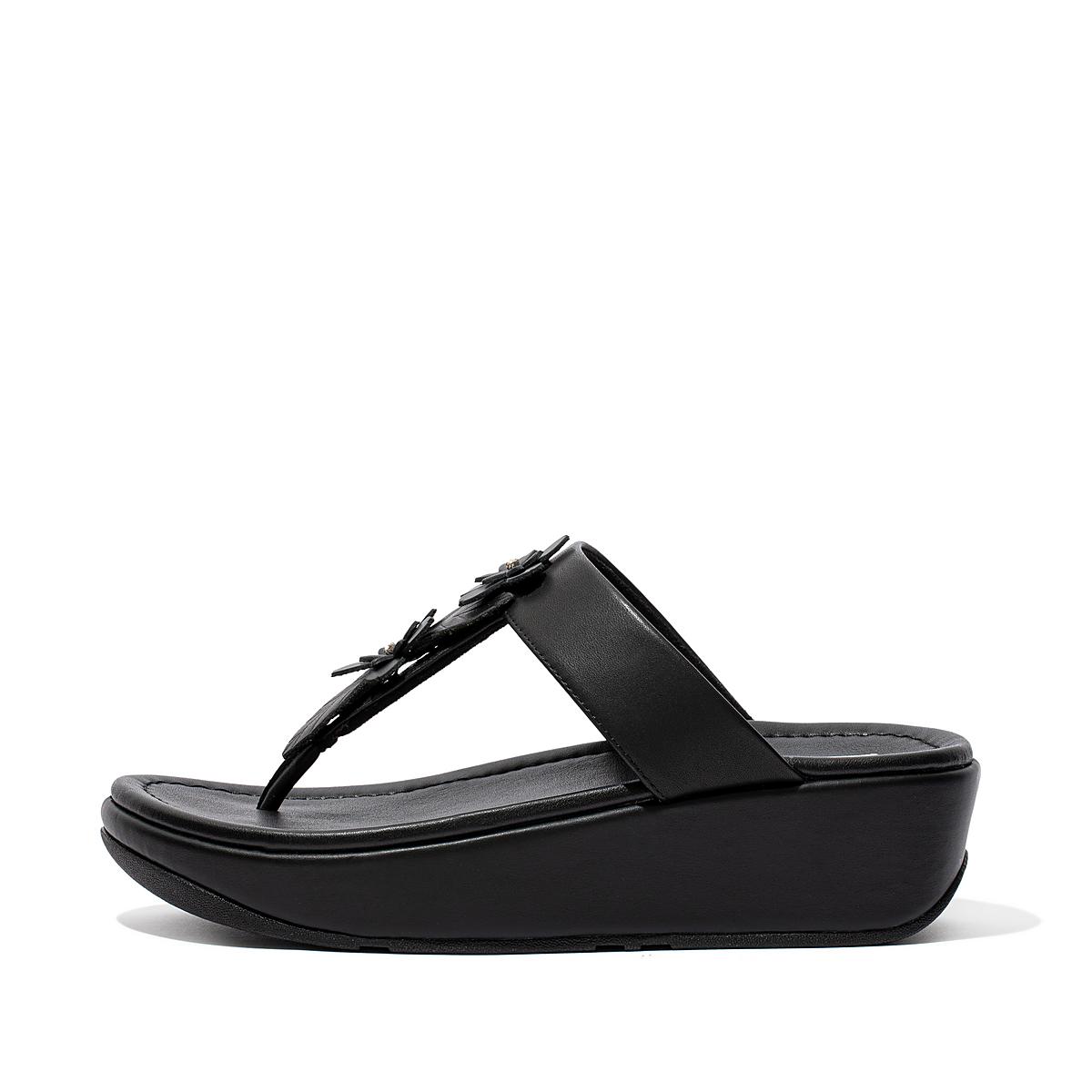 Sandales Fitflop FINO Floral Leather Toe-Post Femme Noir | CGU-498570