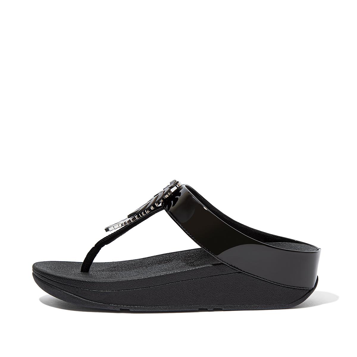 Sandales Fitflop FINO Jungle Leaf Vernis Toe-Post Femme Noir | GEA-190654