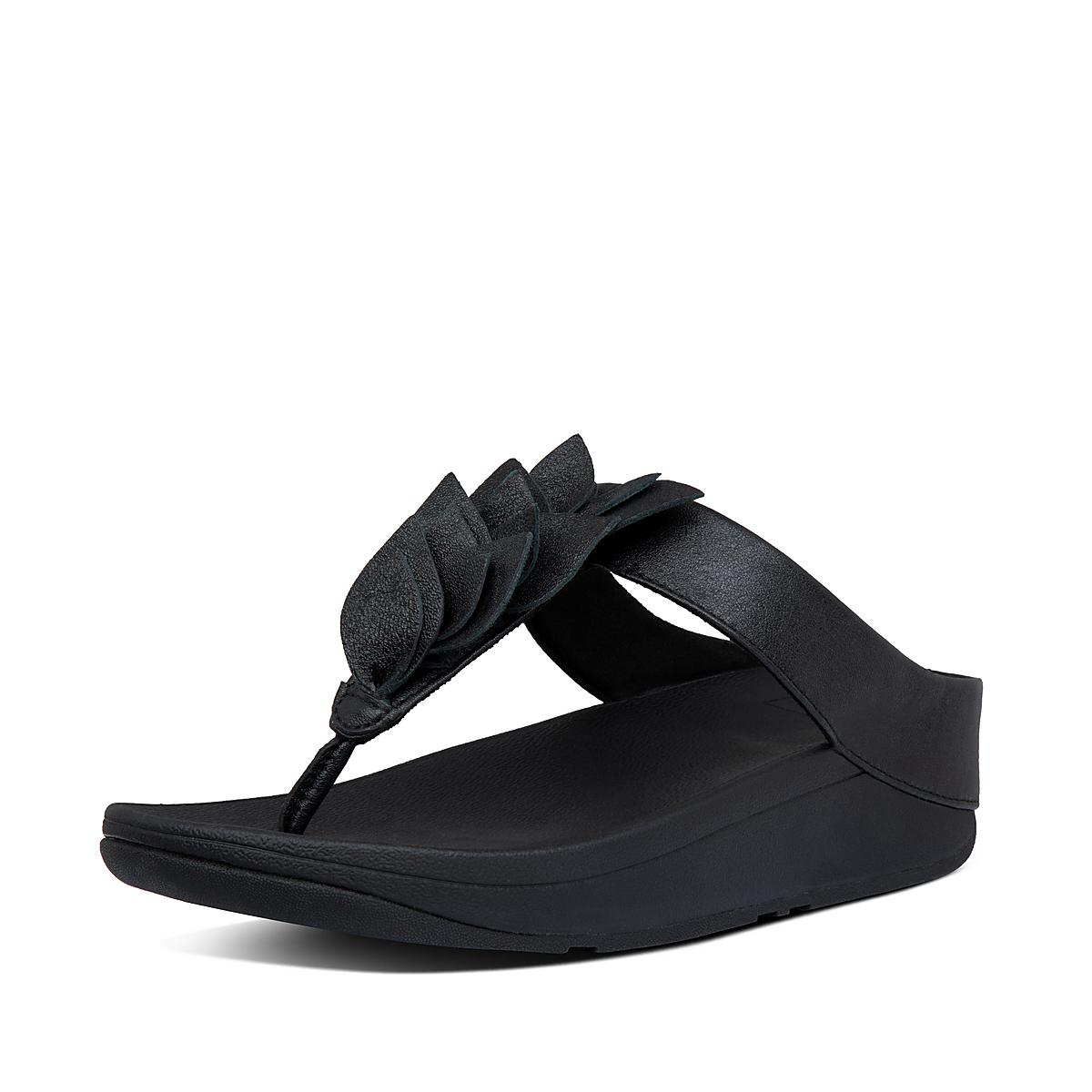 Sandales Fitflop FINO Leaf Leather Toe-Thongs Femme Noir | FPL-708432