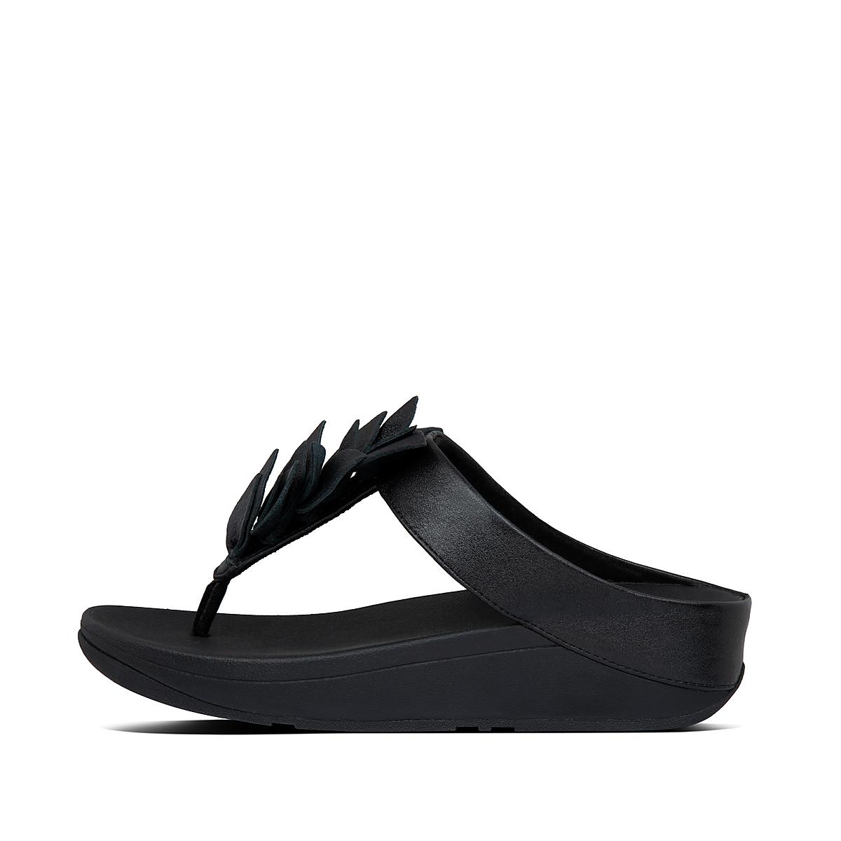 Sandales Fitflop FINO Leaf Leather Toe-Thongs Femme Noir | FPL-708432