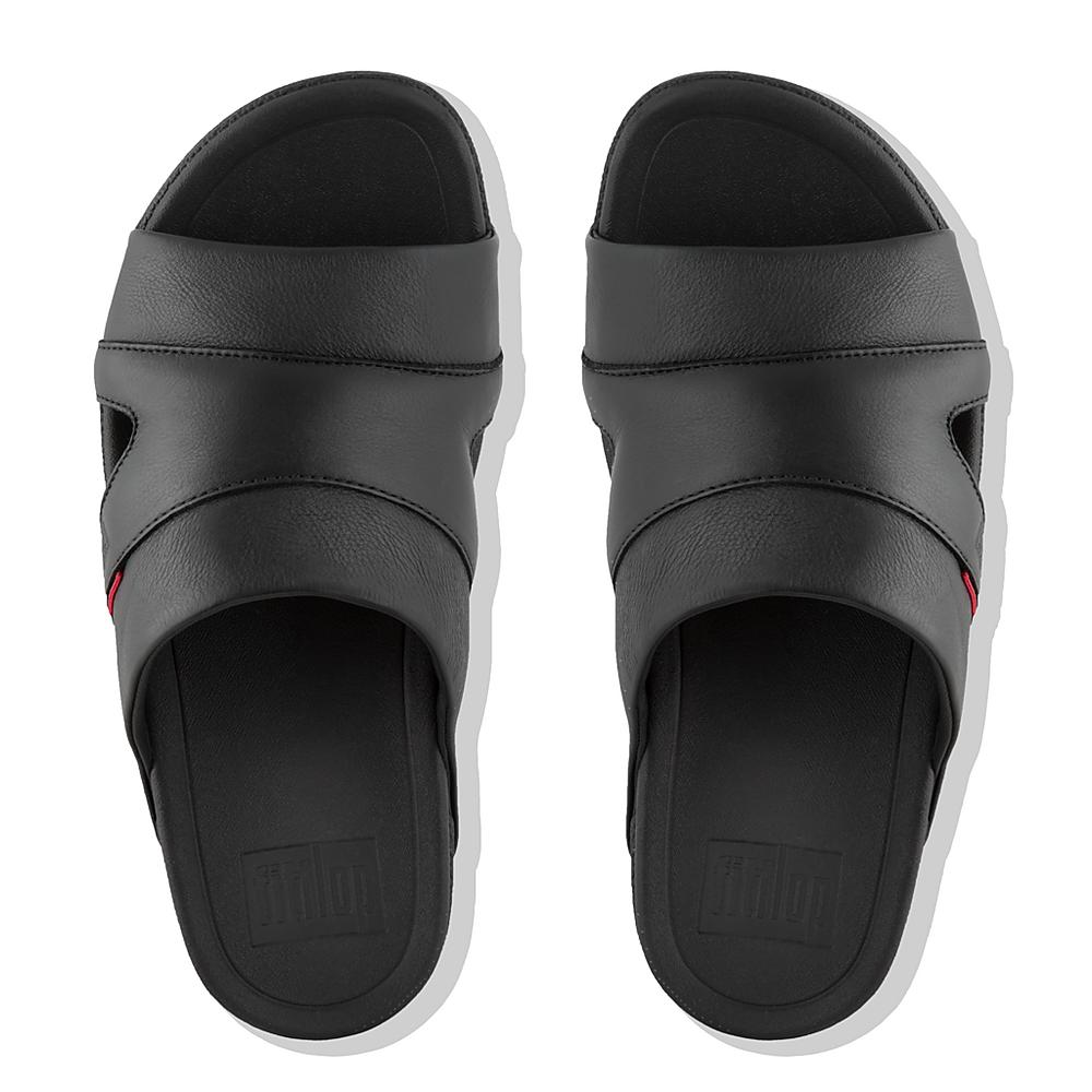 Sandales Fitflop FREEWAY Leather Pool Slides Homme Noir | YLZ-031862