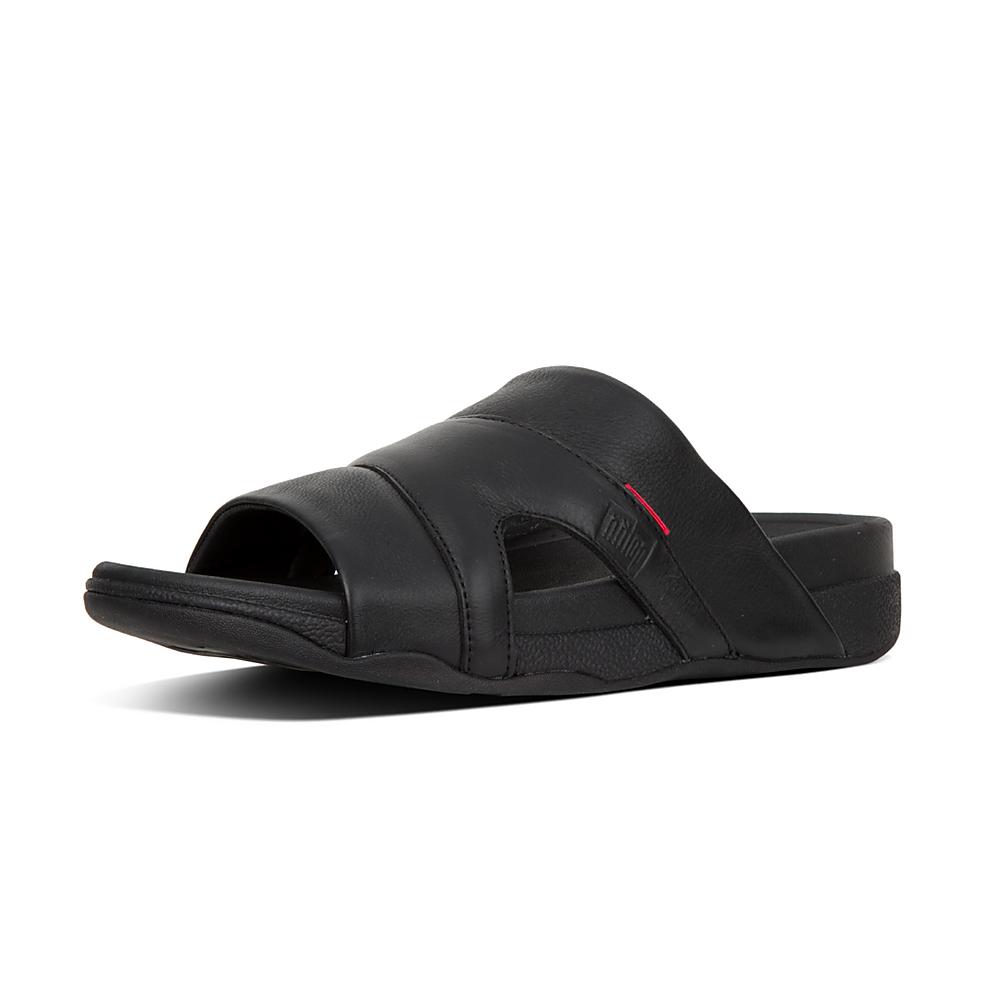 Sandales Fitflop FREEWAY Leather Pool Slides Homme Noir | YLZ-031862