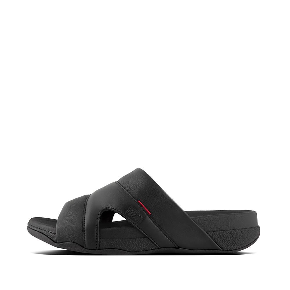 Sandales Fitflop FREEWAY Leather Pool Slides Homme Noir | YLZ-031862