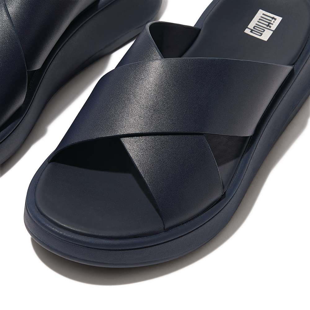 Sandales Fitflop F-MODE Leather Flatform Cross Slides Femme Bleu Marine | KUB-276458