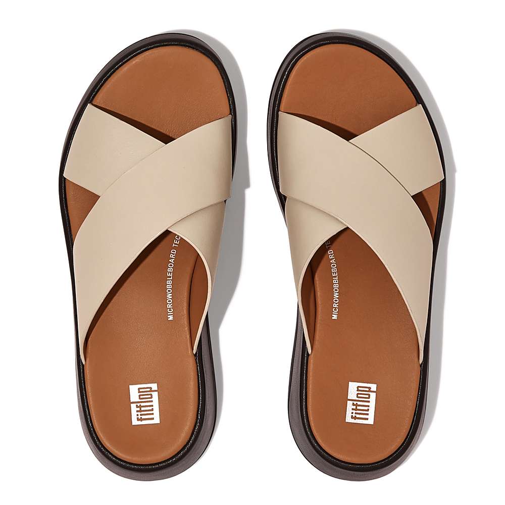 Sandales Fitflop F-MODE Luxe Leather Flatform Cross Slides Femme Beige Noir | JHQ-104258