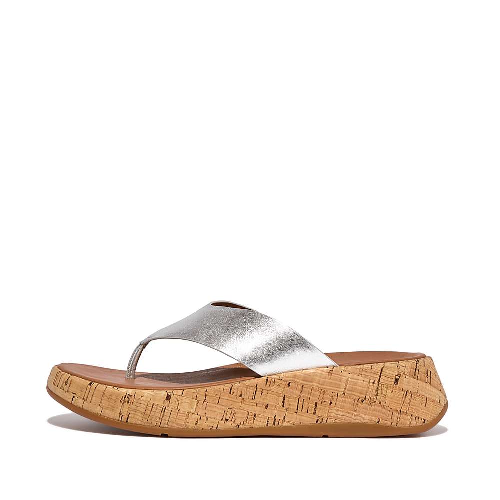 Sandales Fitflop F-MODE Metallic Leather/Cork Flatform Toe-Post Femme Argent | EHQ-841736