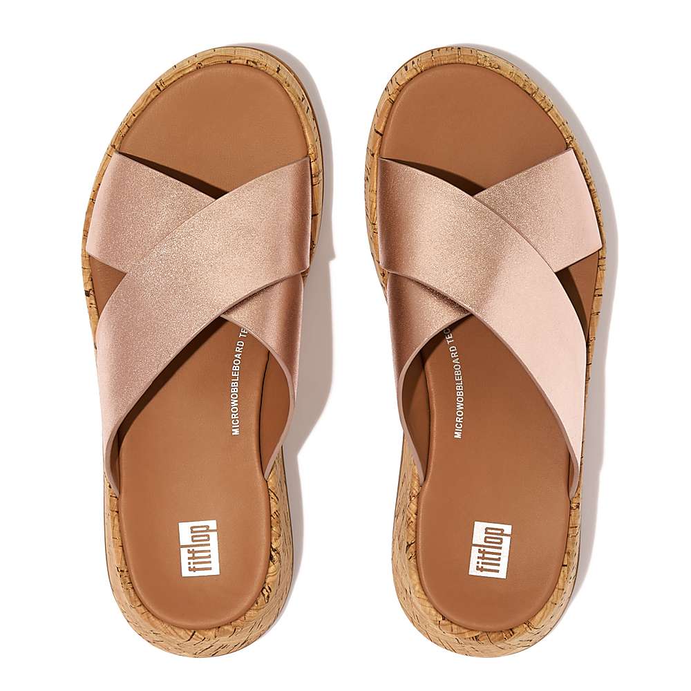 Sandales Fitflop F-MODE Metallic Leather/Cork Flatform Cross Slides Femme Rose Doré | GMJ-350947