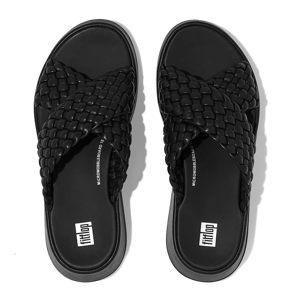 Sandales Fitflop F-MODE Woven Leather Flatform Cross Slides Femme Noir | ISU-578403