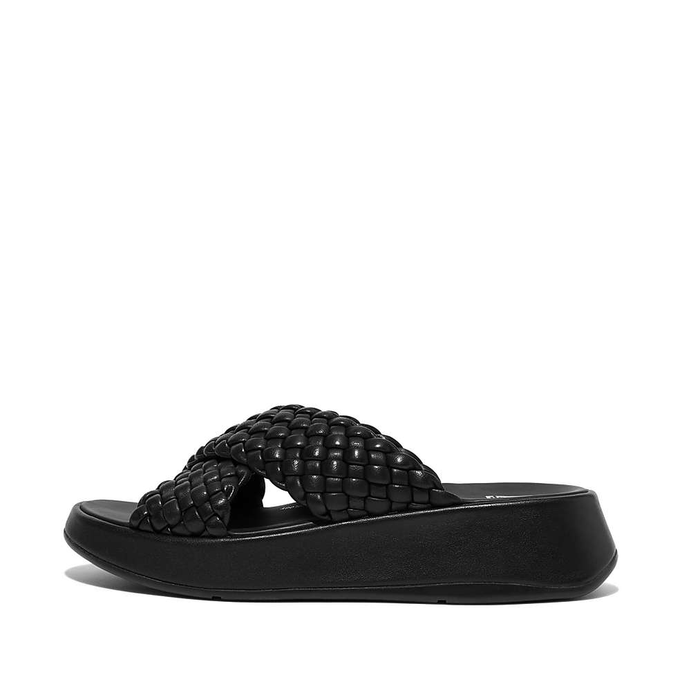 Sandales Fitflop F-MODE Woven Leather Flatform Cross Slides Femme Noir | ISU-578403