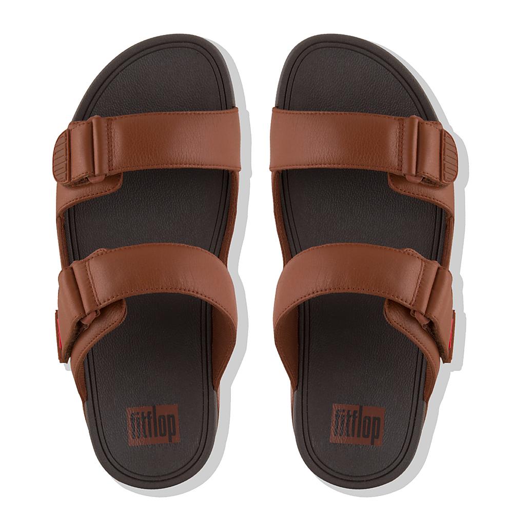 Sandales Fitflop GOGH MOC Adjustable Leather Slides Homme Marron Foncé | FAN-317254