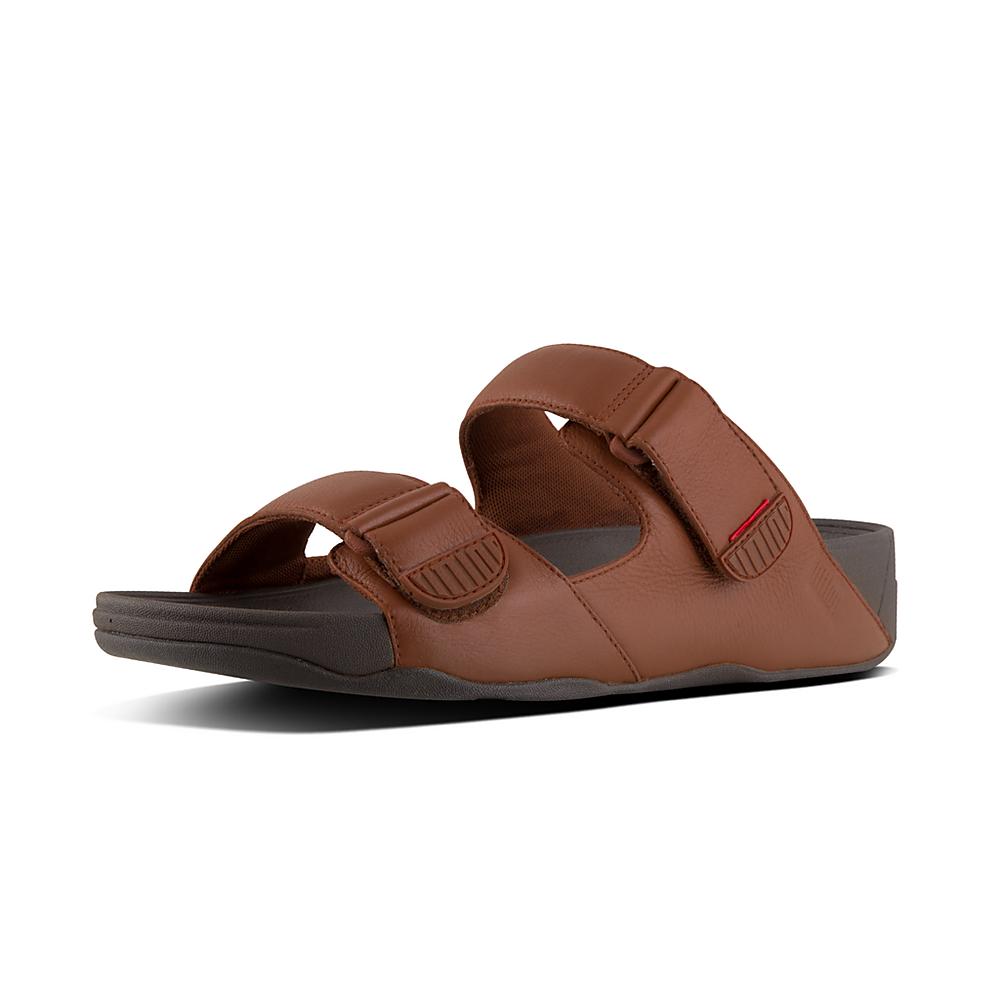 Sandales Fitflop GOGH MOC Adjustable Leather Slides Homme Marron Foncé | FAN-317254