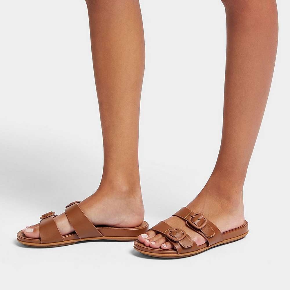 Sandales Fitflop GRACIE Buckle Two-Bar Leather Slides Femme Marron | DUP-509214