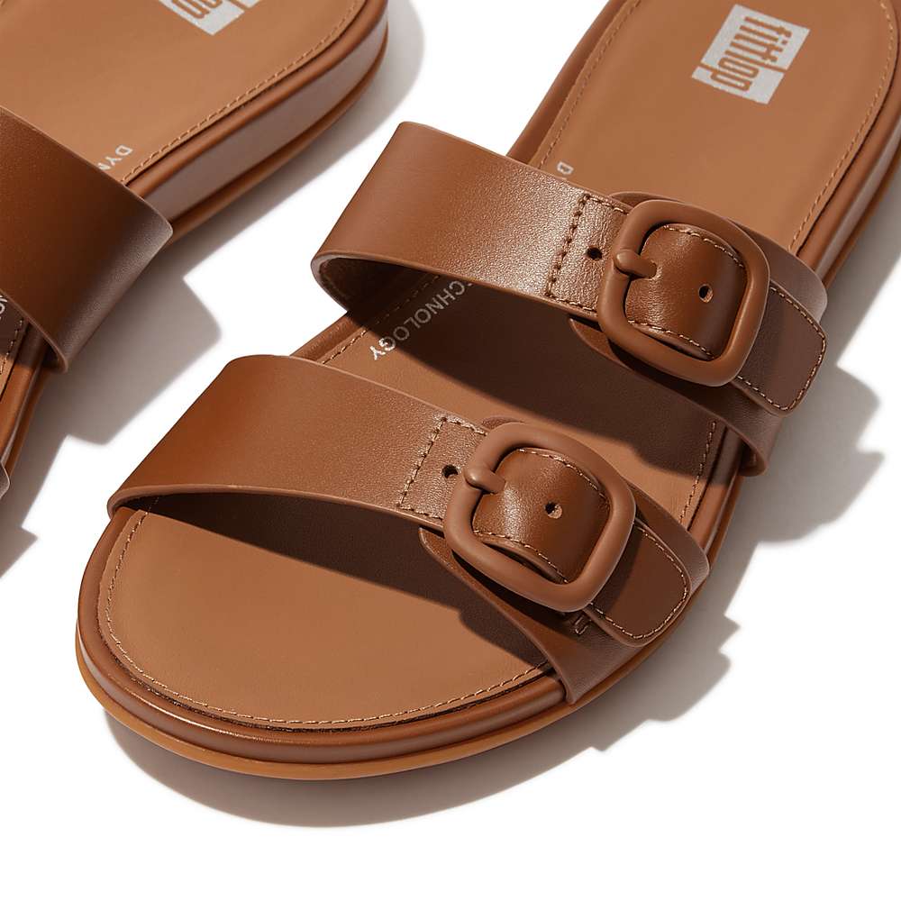 Sandales Fitflop GRACIE Buckle Two-Bar Leather Slides Femme Marron | DUP-509214