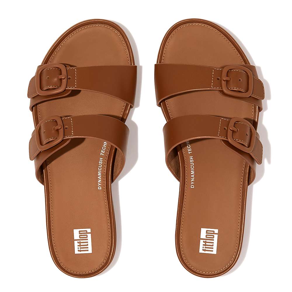 Sandales Fitflop GRACIE Buckle Two-Bar Leather Slides Femme Marron | DUP-509214