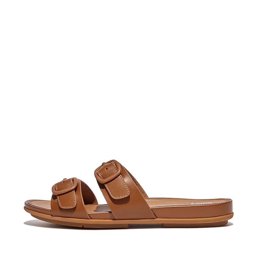 Sandales Fitflop GRACIE Buckle Two-Bar Leather Slides Femme Marron | DUP-509214