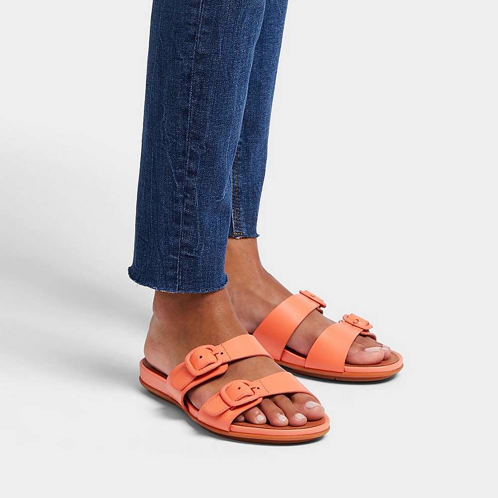 Sandales Fitflop GRACIE Buckle Two-Bar Leather Slides Femme Orange Corail | HXW-793214