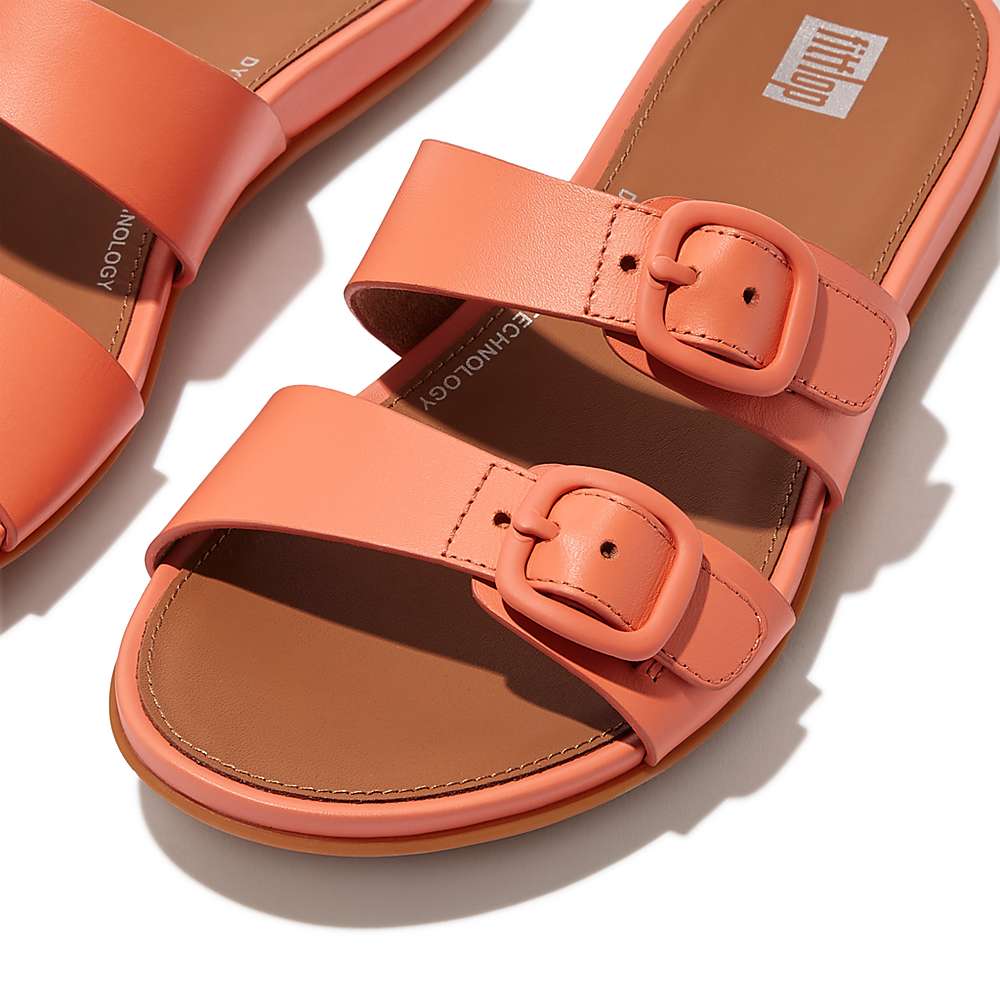 Sandales Fitflop GRACIE Buckle Two-Bar Leather Slides Femme Orange Corail | HXW-793214