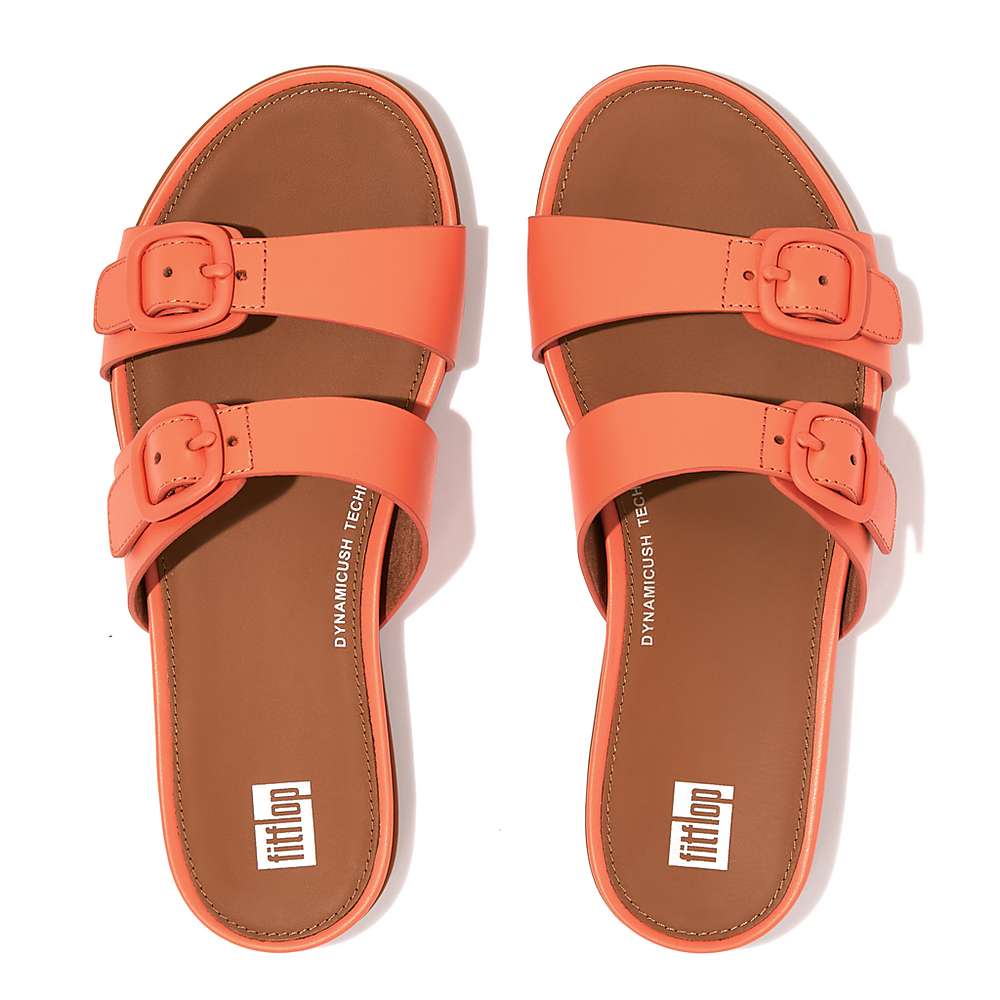 Sandales Fitflop GRACIE Buckle Two-Bar Leather Slides Femme Orange Corail | HXW-793214