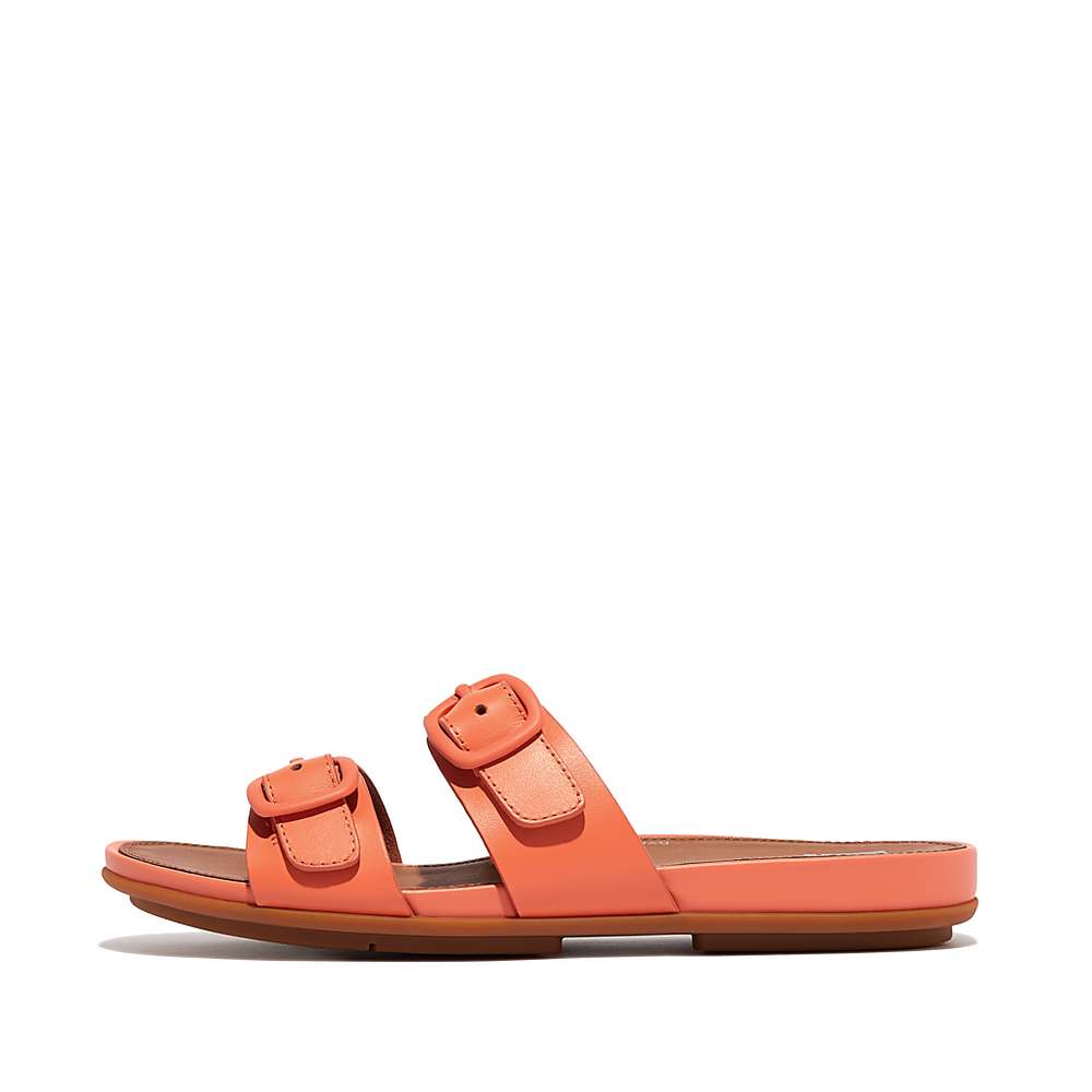 Sandales Fitflop GRACIE Buckle Two-Bar Leather Slides Femme Orange Corail | HXW-793214