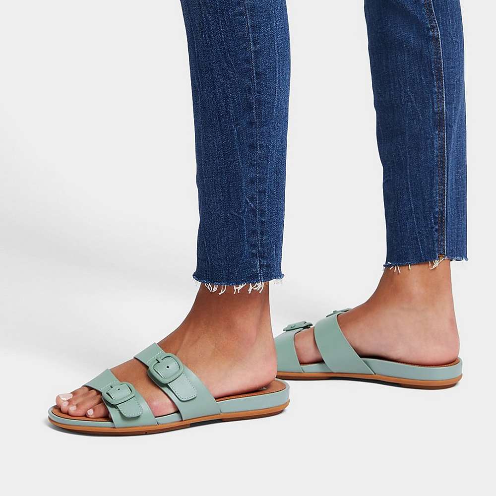 Sandales Fitflop GRACIE Buckle Two-Bar Leather Slides Femme Bleu | KMP-819360