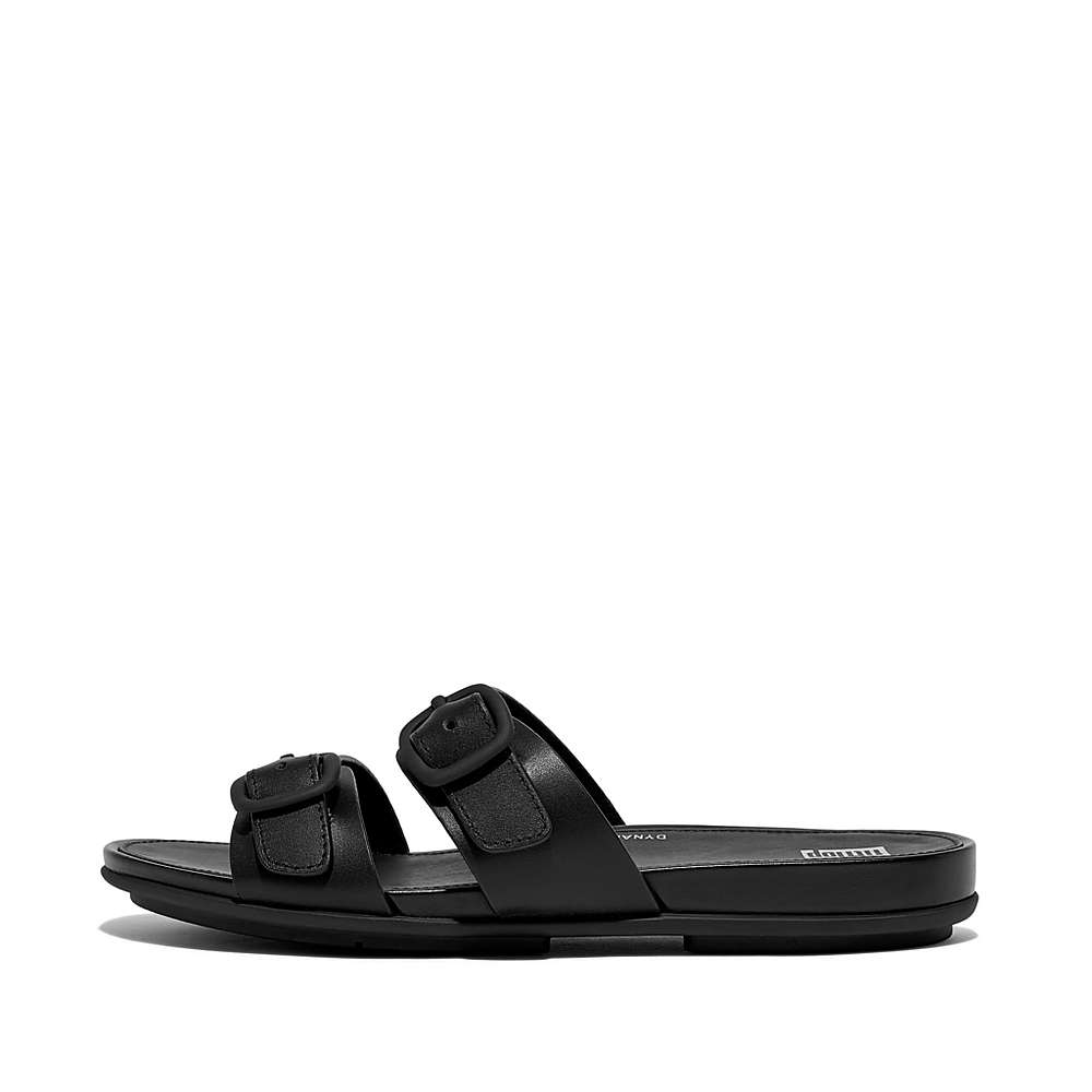 Sandales Fitflop GRACIE Buckle Two-Bar Leather Slides Femme Noir | NHB-592608