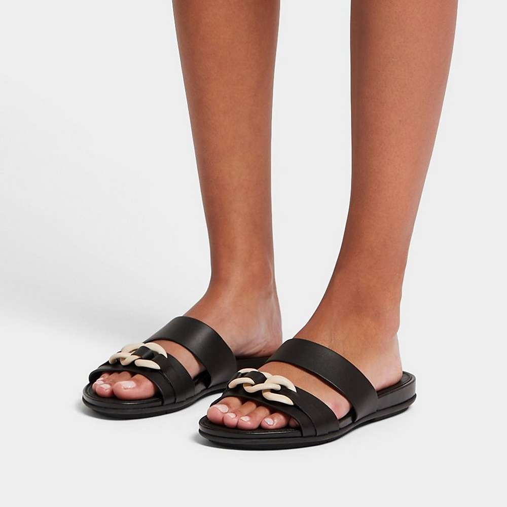 Sandales Fitflop GRACIE Chain Leather Two-Bar Slides Femme Noir | JTM-381254