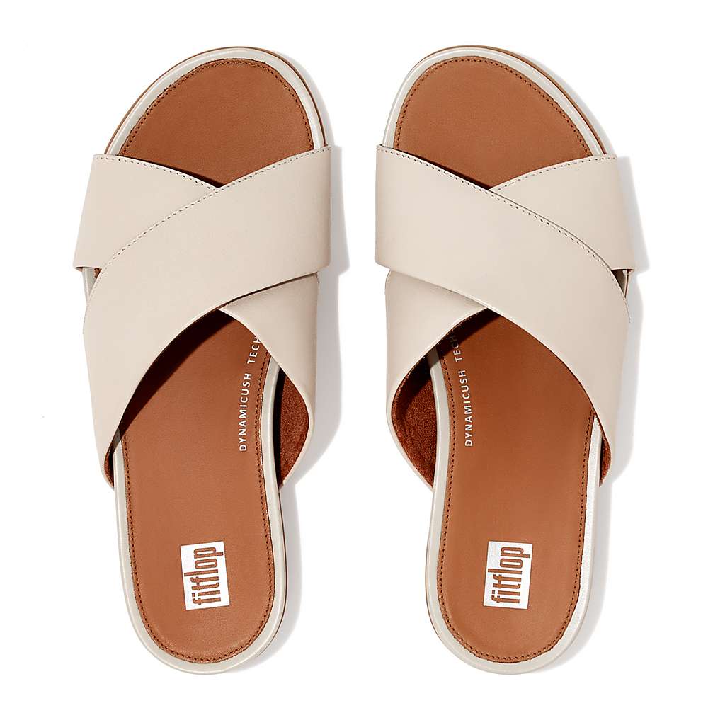 Sandales Fitflop GRACIE Leather Cross Slides Femme Grise Beige | CFK-397826