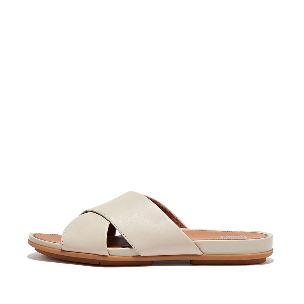 Sandales Fitflop GRACIE Leather Cross Slides Femme Grise Beige | CFK-397826