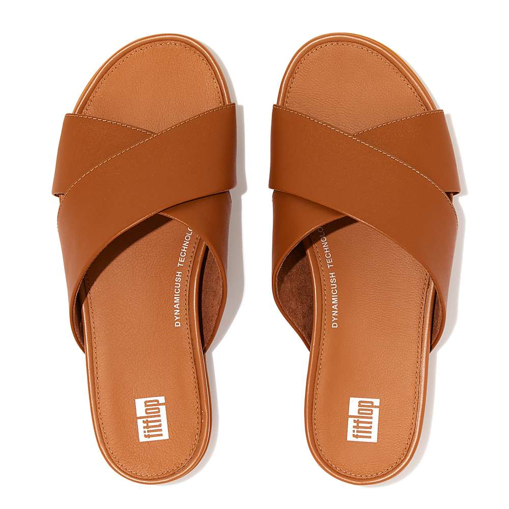 Sandales Fitflop GRACIE Leather Cross Slides Femme Marron Clair | YVF-469032