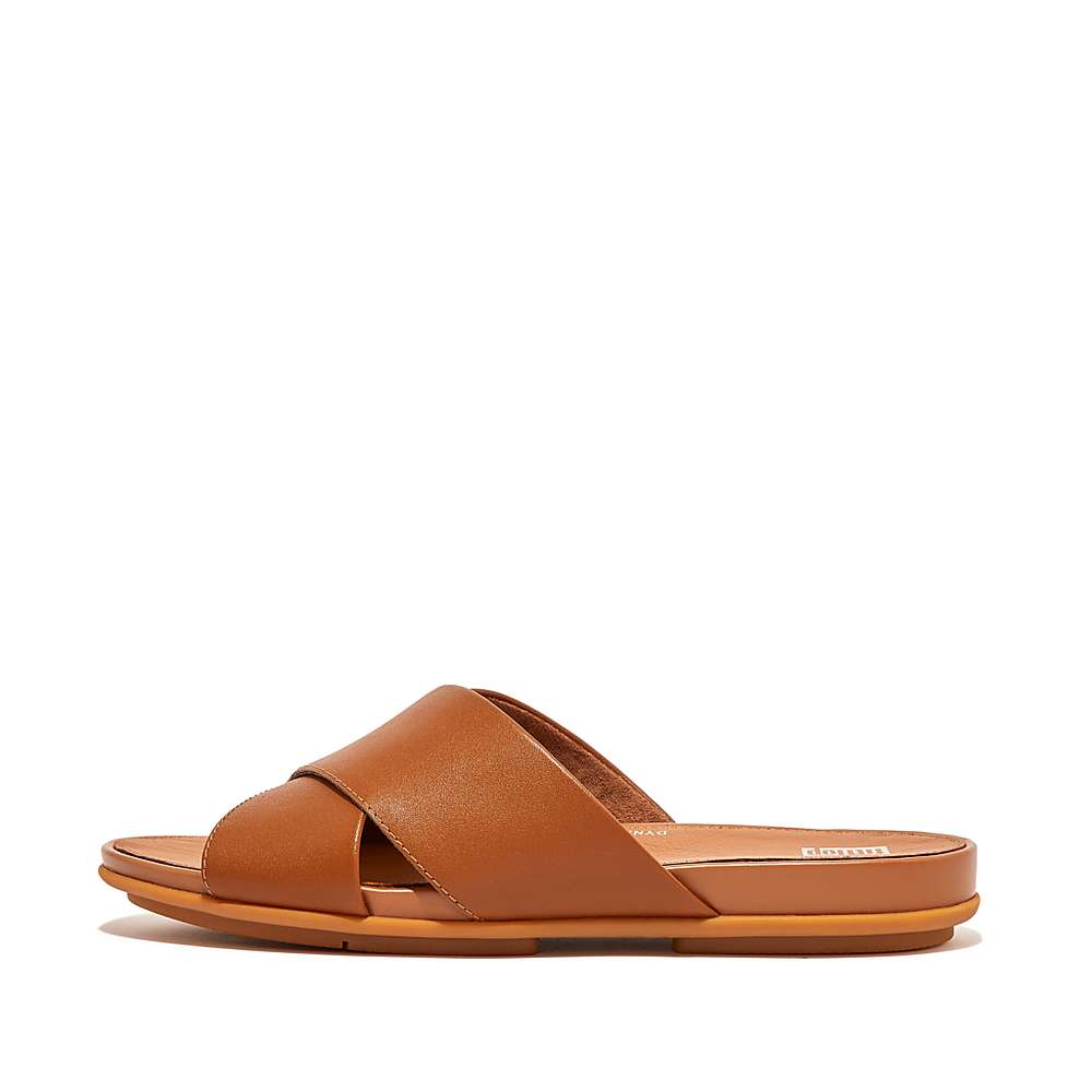 Sandales Fitflop GRACIE Leather Cross Slides Femme Marron Clair | YVF-469032