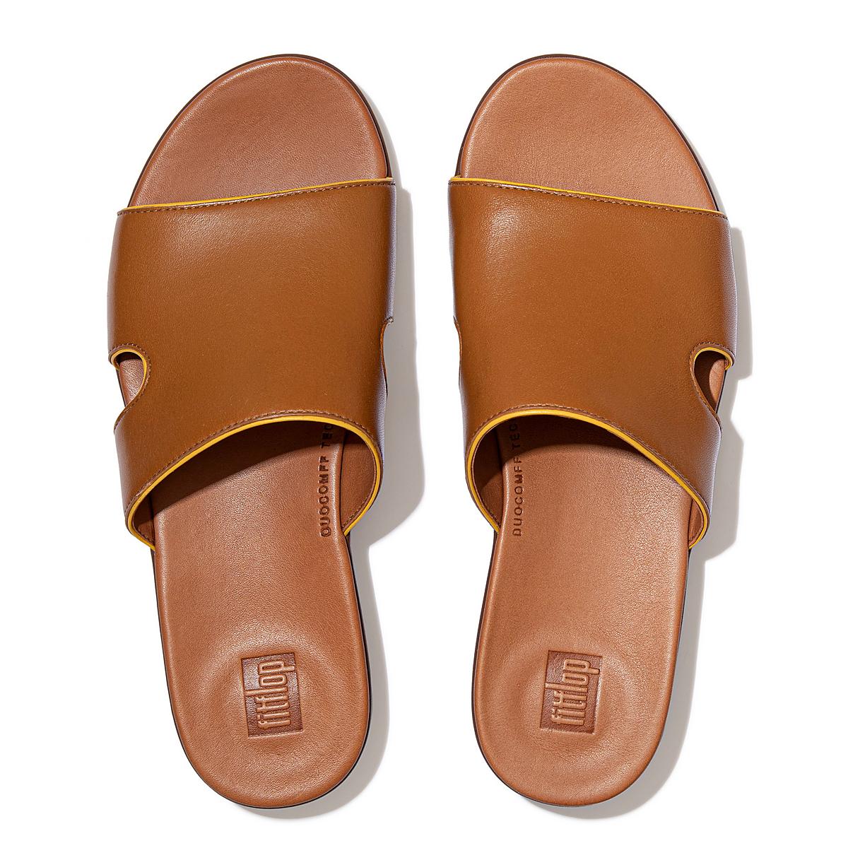 Sandales Fitflop H-Bar Pop Binding Leather Slides Femme Marron Clair Orange Jaune | WDX-286510