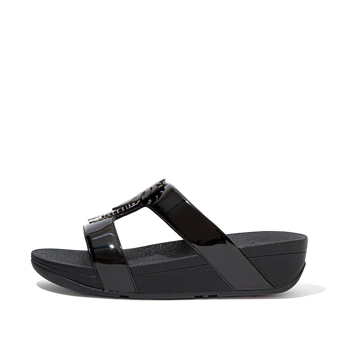 Sandales Fitflop LOTTIE Jungle Leaf Vernis Slides Femme Noir | BCA-326987