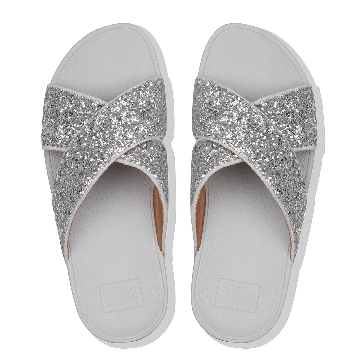 Sandales Fitflop LULU Glitter Cross Slides Femme Argent | CZI-725168