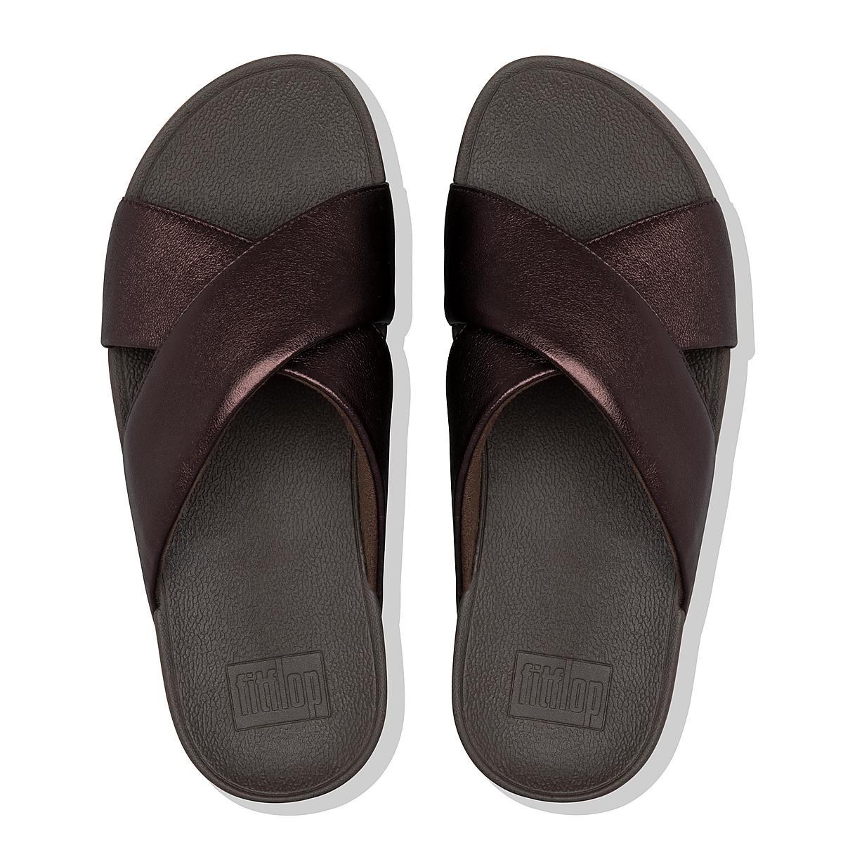 Sandales Fitflop LULU Metallic Leather Cross Slides Femme Chocolat | TYA-827401