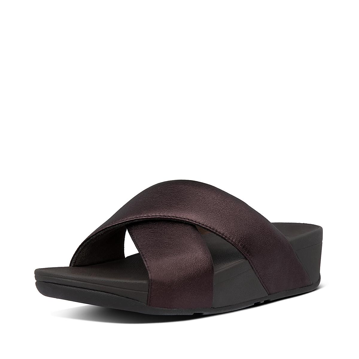 Sandales Fitflop LULU Metallic Leather Cross Slides Femme Chocolat | TYA-827401