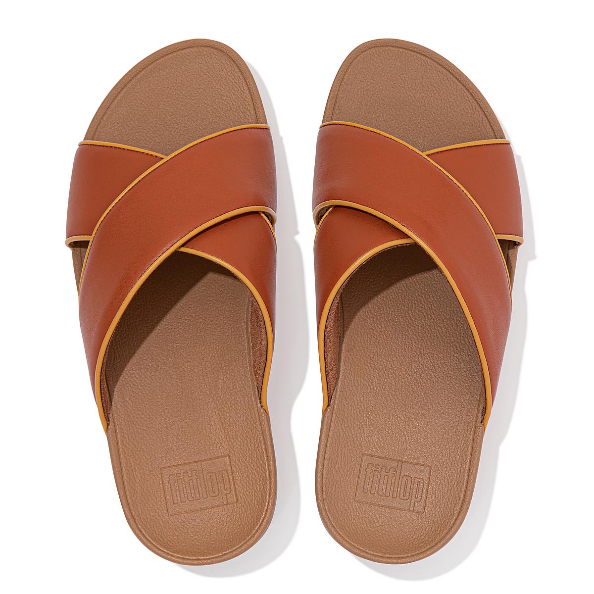 Sandales Fitflop LULU Pop Binding Leather Cross Slides Femme Marron | VSJ-910732