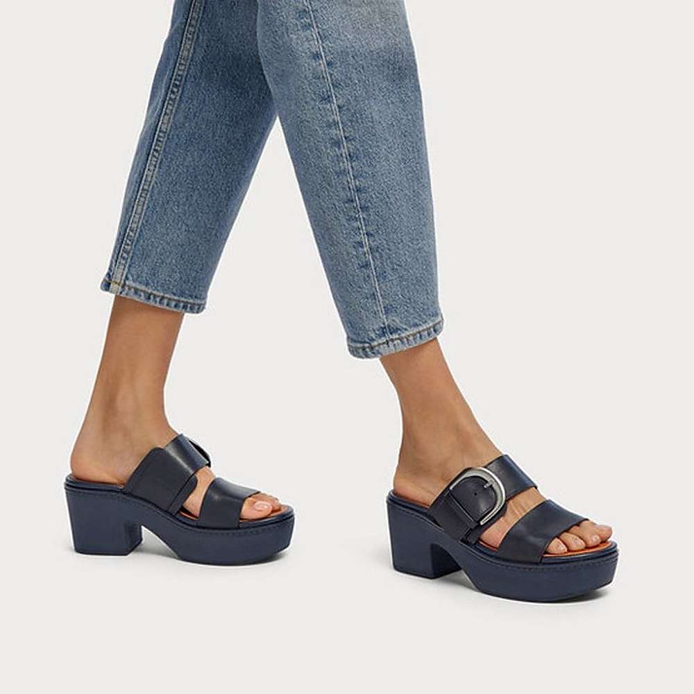 Sandales Fitflop PILAR Leather Platform Slides Femme Bleu Marine | MQX-495670