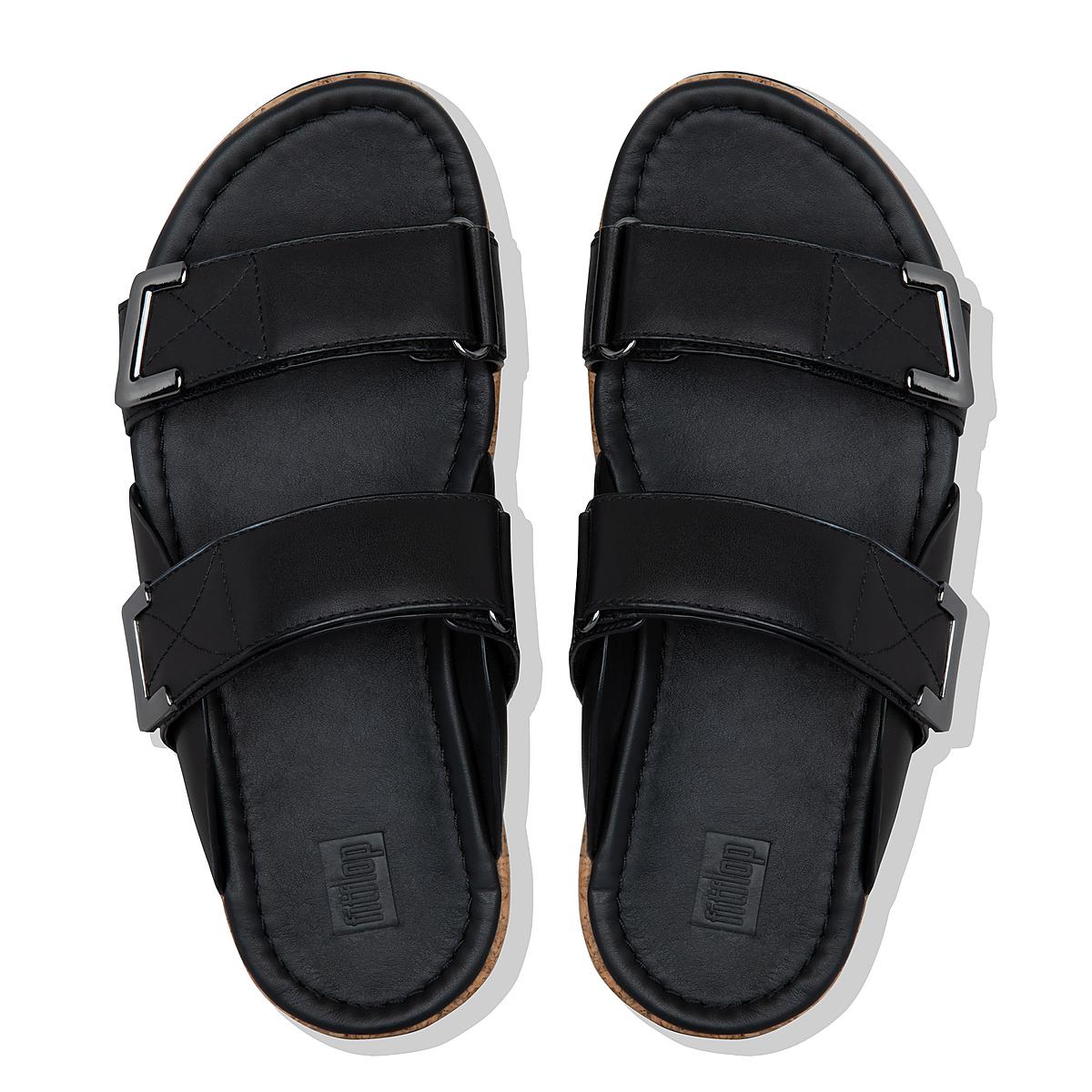 Sandales Fitflop REMI Adjustable Leather Slides Femme Noir | WZA-315429