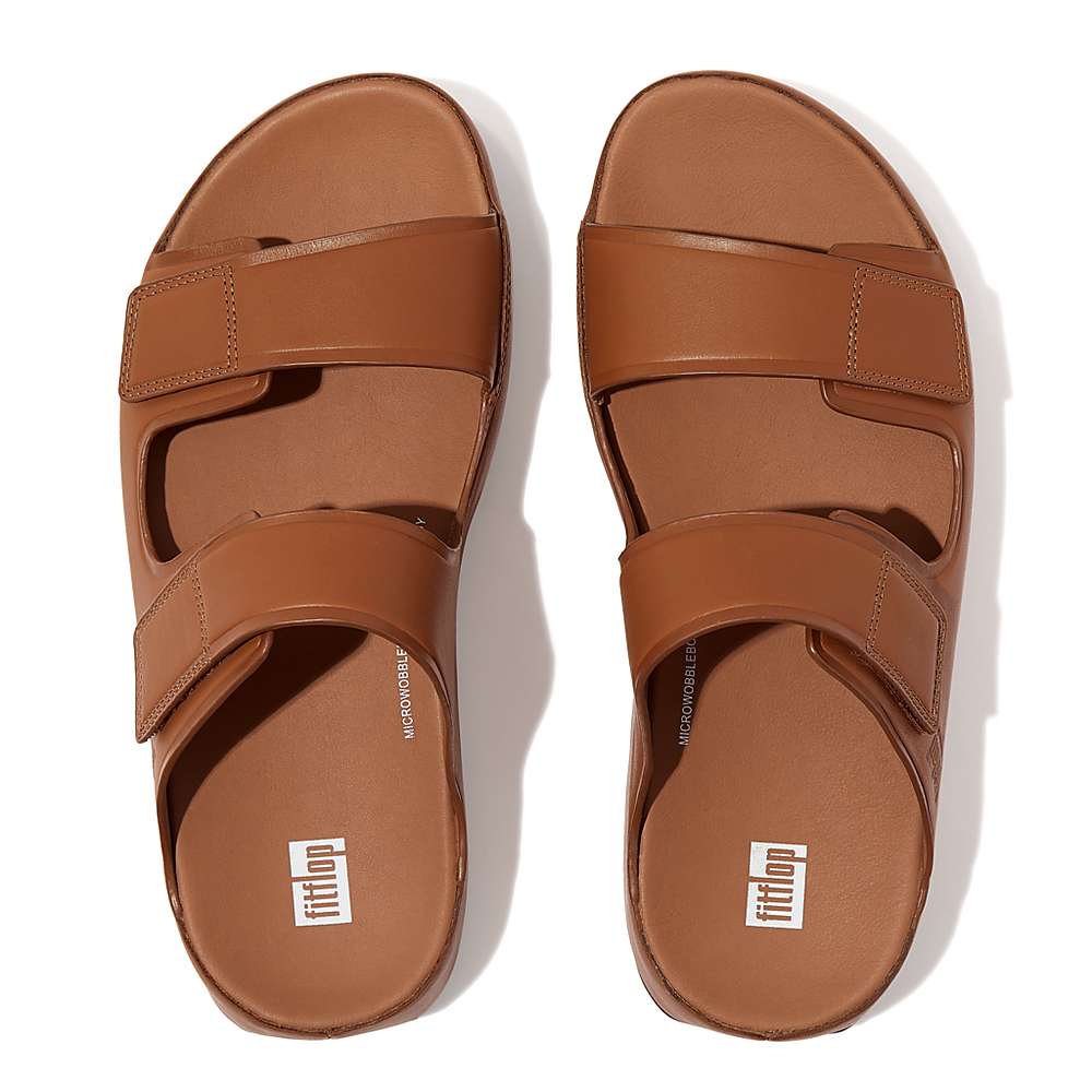 Sandales Fitflop SAMEL Adjustable Leather Slides Homme Marron Clair | EWP-463910