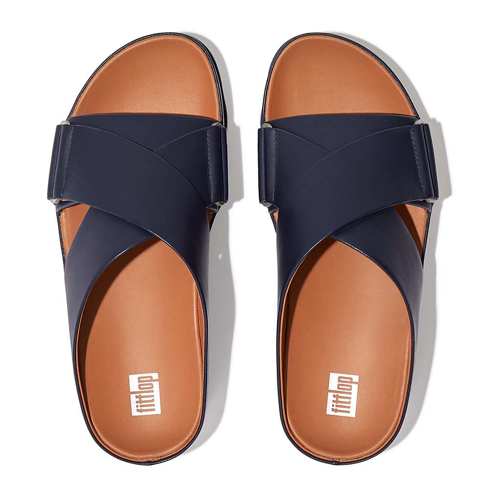 Sandales Fitflop SHUV Leather Cross Slides Femme Bleu Marine | CTI-285763