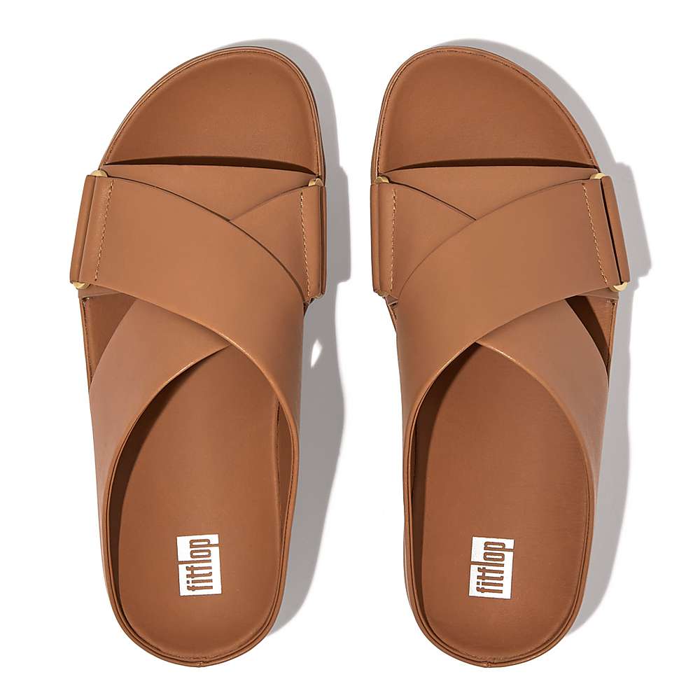 Sandales Fitflop SHUV Leather Cross Slides Femme Marron | JIB-950312