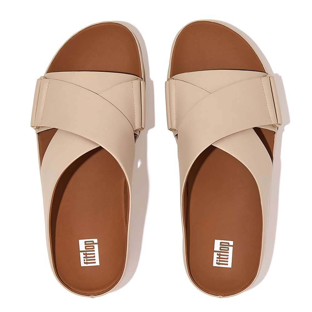 Sandales Fitflop SHUV Leather Cross Slides Femme Grise Beige | WUH-926073