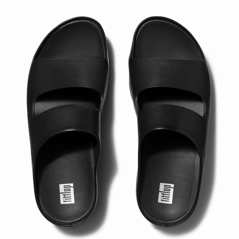 Sandales Fitflop SHUV Two-Bar Leather Slides Femme Noir | APL-314298