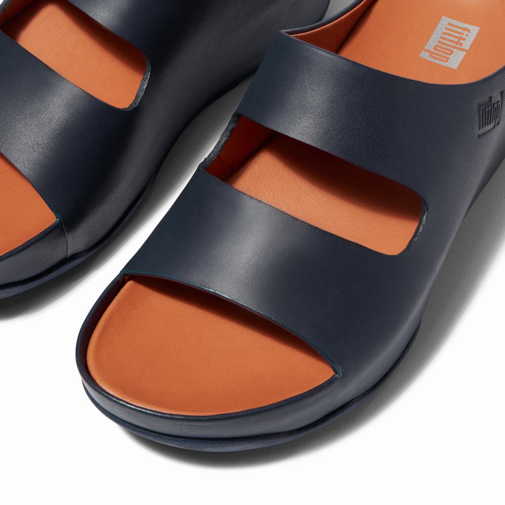 Sandales Fitflop SHUV Two-Bar Leather Slides Femme Bleu Marine | UZV-528406