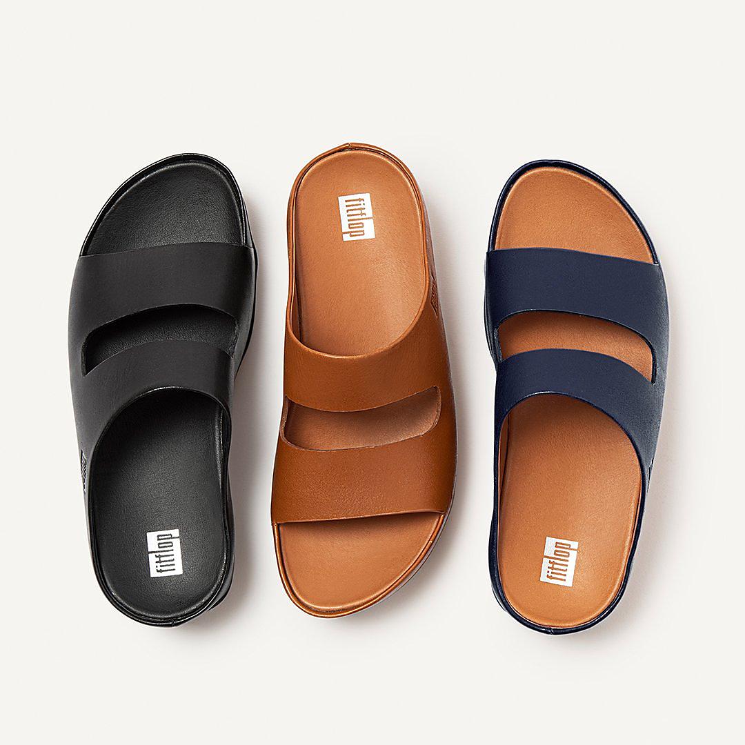 Sandales Fitflop SHUV Two-Bar Leather Slides Femme Bleu Marine | UZV-528406