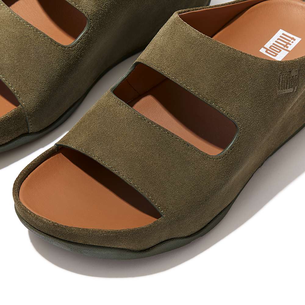 Sandales Fitflop SHUV Two-Bar Suede Slides Femme Vert Olive | UZL-012369