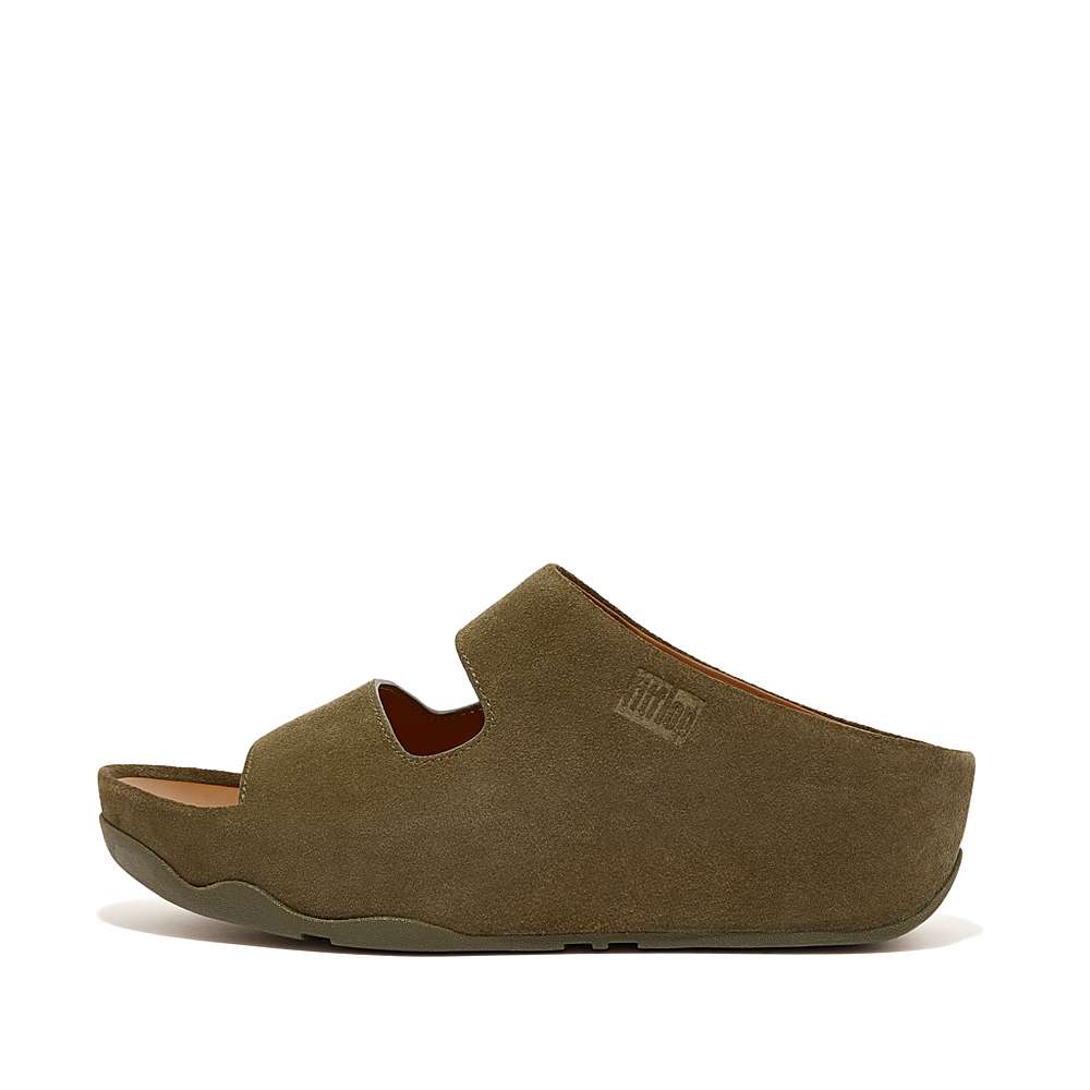 Sandales Fitflop SHUV Two-Bar Suede Slides Femme Vert Olive | UZL-012369