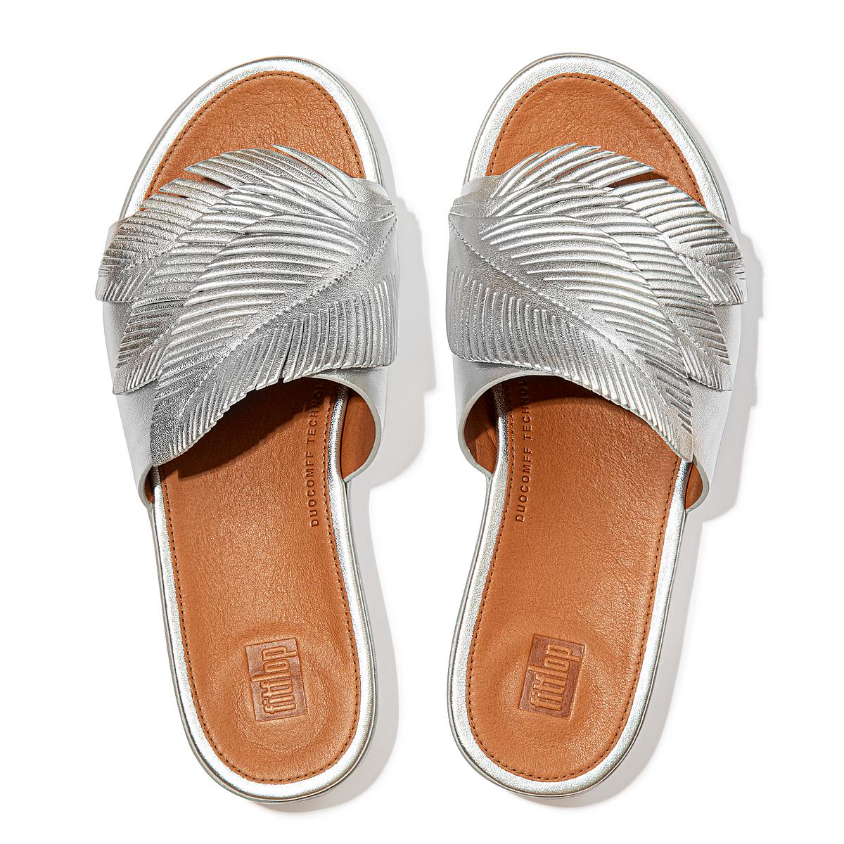 Sandales Fitflop SOLA Feather Metallic Leather Slides Femme Argent | IYT-645370